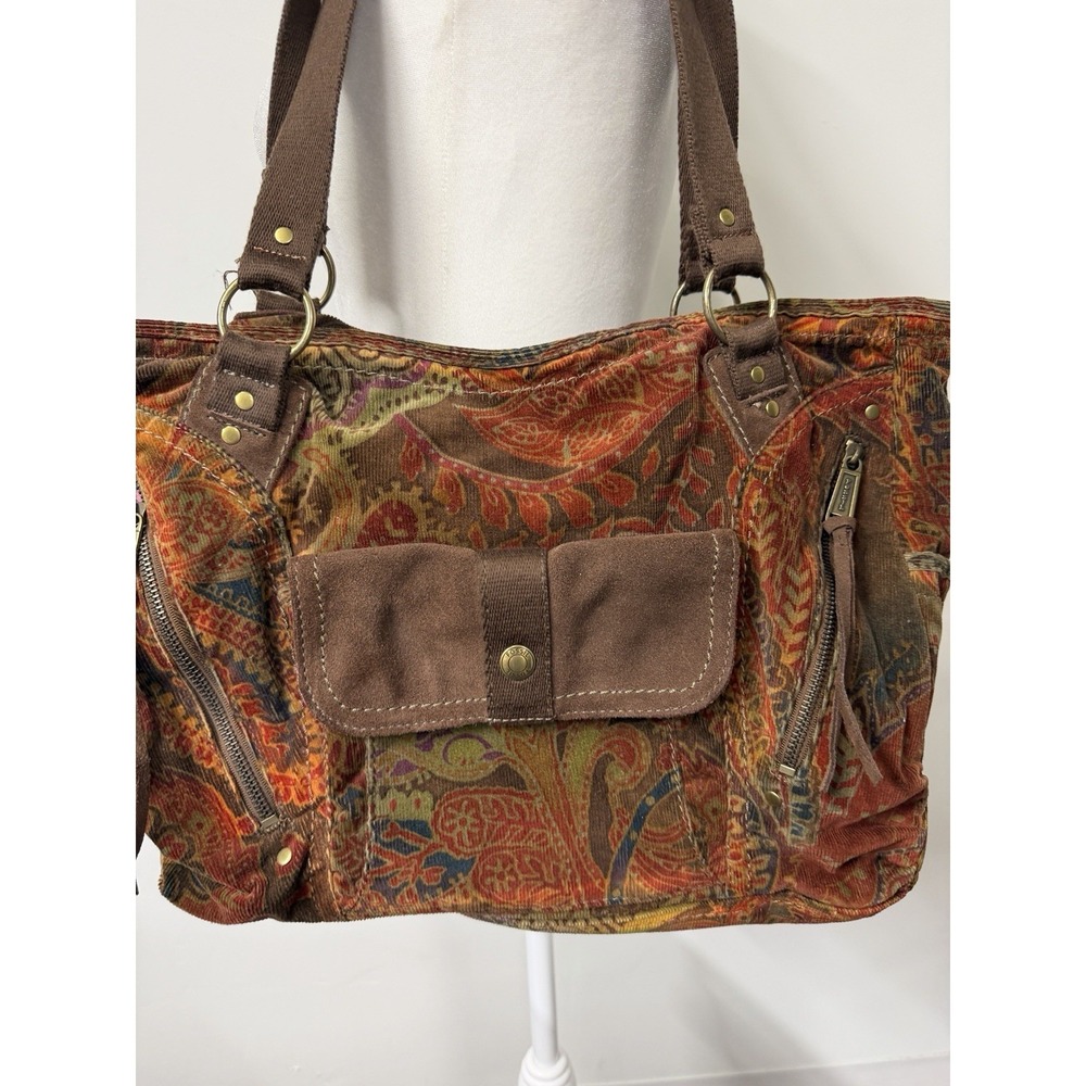 Vtg Y2K Large Fossil Floral Earth Tone Multi Color Corduroy Handbag Shoulder Bag